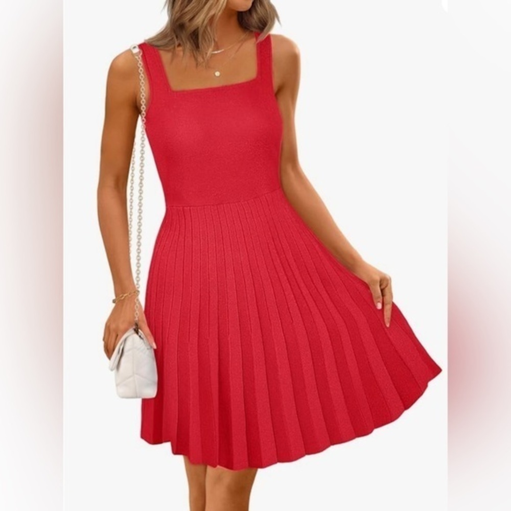 Red Strap Square Neck Sleeveless Pleated A Line Sweater Midi Dress It#R34